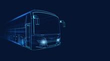 Wireframe Of Grand Tour Bus Moving Fast On A Dark Blue Background