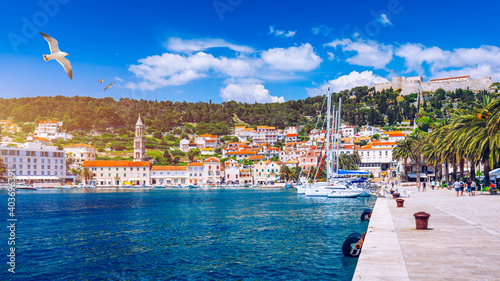 Fototapeta Hvar town with seagull's flying over city, famous luxury travel destination in Croatia. Boats on Hvar island, one of the many Islands near Dubrovnik and Korcula on the Dalmatian Coast of Croatia.