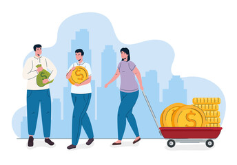 Wall Mural - people with coins money dollars in cart vector illustration design