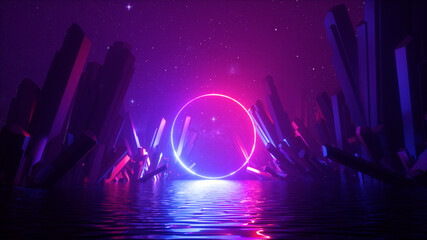 Wall Mural - 3d render, abstract neon background with glowing laser ring, crystals under the starry night sky and