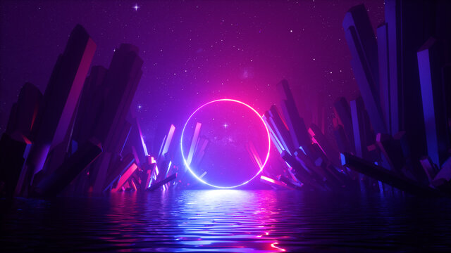 3d render, abstract neon background with glowing laser ring, crystals under the starry night sky and reflection in the water. Fantasy cosmic landscape