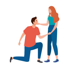 Sticker - young lovers couple with man kneeling declaring vector illustration design