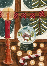 Watercolor Christmas Illustration. Cozy New Year. A Red Candle And A Glass Ball With Snowflakes. Snow Outside The Window. Christmas Theme, Illustrations For Postcards, Posters And Other Souvenirs.