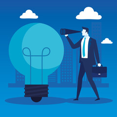 Wall Mural - elegant businessman worker with bulb and telescope vector illustration design