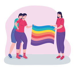 Canvas Print - group of three persons with lgtbi flag vector illustration design