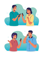 Wall Mural - young couples using smartphones characters vector illustration design