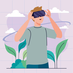 Poster - man using reality virtual mask technology device with leafs vector illustration design