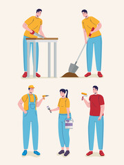 Sticker - group of builders constructors workers characters vector illustration design