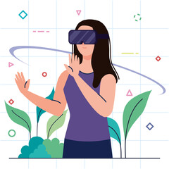 Poster - young woman using reality virtual mask and leafs vector illustration design