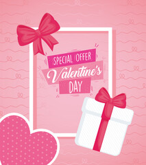 Poster - valentines day poster lettering with gift and heart in square frame vector illustration design