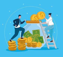 Sticker - woman in stairs with jar with money and businessman running vector illustration design