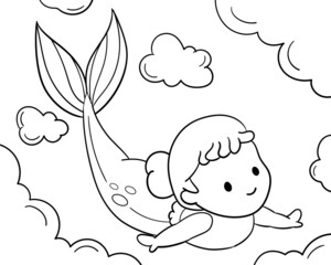 Mermaid swimming line cartoon for coloring