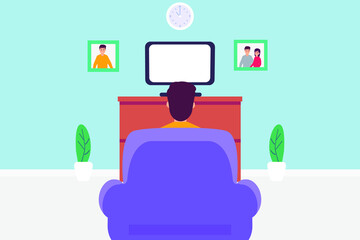 Man watching TV 2D flat vector concept for banner, website, illustration, landing page, flyer, etc.