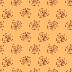 Naklejka na meble Yellow Background Seamless Pattern with Decorated Leaves Vector Line Art Drawing
