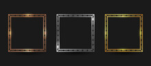Luxury And Elegant Square Vintage Frame With Shadows Isolated On Transparent Background. Vector Realistic Square Frame Border With Gold, Silver, Bronze Shiny Glowing Use For Banner Promotion, Photo