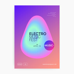 Music flyer. Electronic sound. Night dance lifestyle holiday. Trendy techno concert magazine design. Fluid holographic gradient shape and line. Poster for summer fest and music flyer.