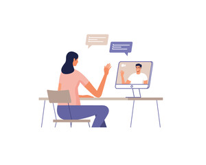 Young woman communicate online using a computer. Man on the screen of devices. Remote communication concept of online meeting, dating, call and video. Vector illustration.