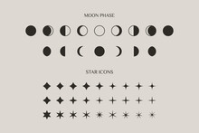 Set Of Moon Phase And Stars Sparkles Sign Symbol In A Trendy Minimal Style. Vector Icons For Creating Logos, Patterns And Web Design