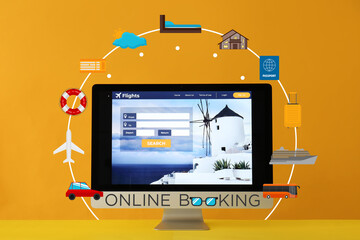 Wall Mural - Open page of online booking service on screen of computer monitor against color background