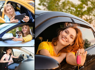 Wall Mural - Collage of photos with different happy young women sitting in car