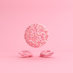 Poster - International women's day poster, Valentine day, Small heart in sphere shape with both hands , 3d rendering.