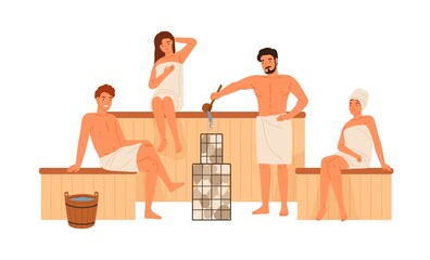 Canvas Print - Group of people relaxing at public sauna or bathhouse vector flat illustration. Men and women wrapped in towels sitting at wooden steam room isolated on white. Male pouring water on hot stones