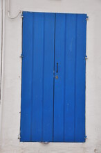 Blue Wooden Door, On A White Wall, In The Streets Of Dalt Vila, Ibiza