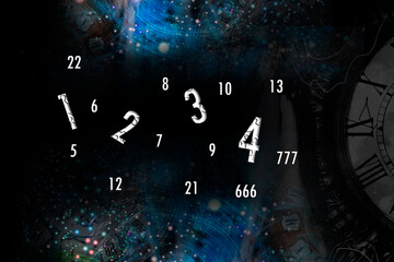 Wall Mural - hand holds a clock on the background of space and numerology