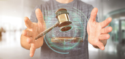 Poster - businessman holding a justice hammer and data - 3d rendering