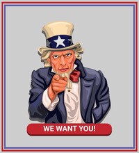 We Want You! Slogan With Uncle Sam In American Vintage Poster Concept In Cartoon Illustration Vector