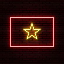 Neon Sign In The Form Of The Flag Of Vietnam. Against The Background Of A Brick Wall With A Shadow. For The Design Of Tourist Or Patriotic Themes. Red Yellow Colors.