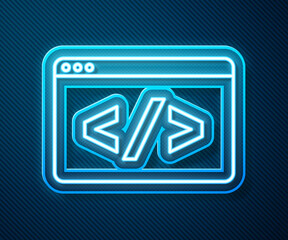 Glowing neon line Web design and front end development icon isolated on blue background. Vector.