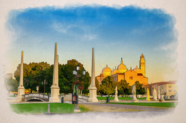 Wall Mural - Watercolor drawing of Padua cityscape with statues near bridge across small canal on Piazza Prato della Valle square in historical city centre