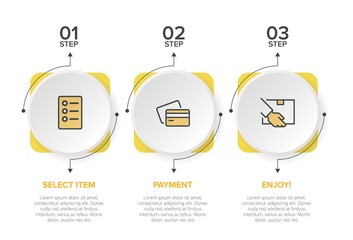 Concept of shopping process with 3 successive steps. Three colorful graphic elements. Timeline design for brochure, presentation, web site. Infographic design layout.