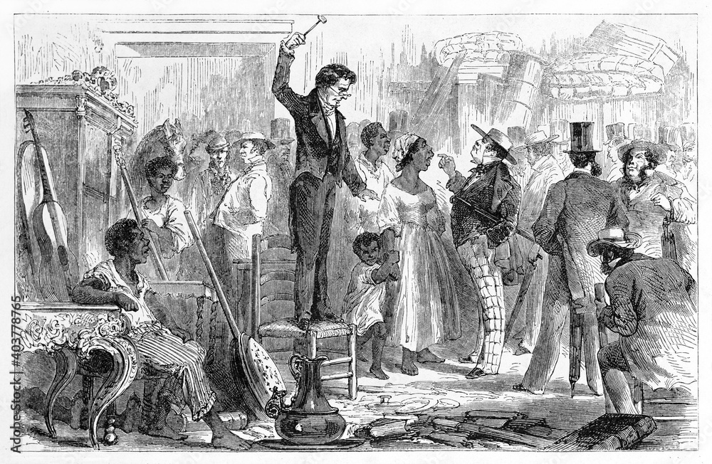 crowdy black slaves sale treated as objects place in Rio de Janeiro. Ancient grey tone etching style art by Riou, Le Tour du Monde, 1861 - obrazy, fototapety, plakaty 