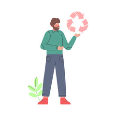 Poster - Man Holding Pink Recycle Sign in his Hands Cartoon Style Vector Illustration