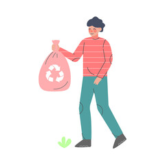 Wall Mural - Man Sorting Waste Using Eco Bag, People Gathering Garbage for Recycling Cartoon Style Vector Illustration