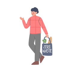 Sticker - Young Man Using Eco Bag for Shopping, Guy Caring about Environment and Ecology Cartoon Style Vector Illustration