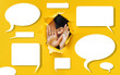 Female ear and hands close-up. Conversational, dialogue interactive clouds. Copy space, mockup. Torn paper, yellow background. The concept of eavesdropping, espionage, gossip and the yellow press.