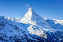 The Matterhorn Face East And Face North In Morning Light In Winter, Photo Taken From The Hiking Trail From Blauherd To Fluhalp, Above Zermatt In Valais, Switzerland.