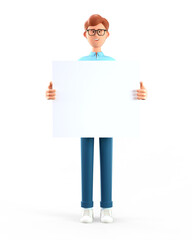 3D illustration of smiling happy businessman holding white blank board. Portrait of cartoon standing man showing banner, advertising poster
