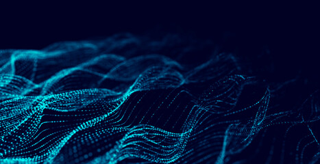 Leinwandbilder - Dynamic particles wave. Blue dots on black background. Digital landscape. 3d rendering. Big data visualization 3D. Futuristic backdrop for design, wallpaper.