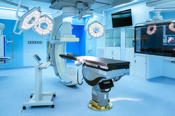 equipment in hospital, Equipment and medical devices in hybrid operating room blue filter , Surgical procedures , the operating room of the Future