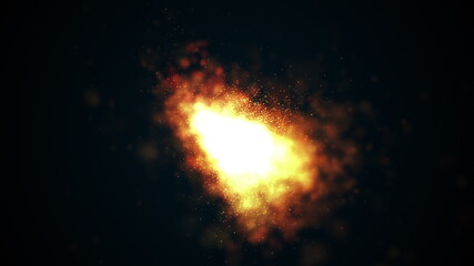 Poster - Computer generated dark background with bright fire and sparkles. 3d render of flash light