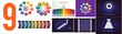 Collection of 9 colorful infographics for nine positions. Infographic can be used for presentations, business concepts.