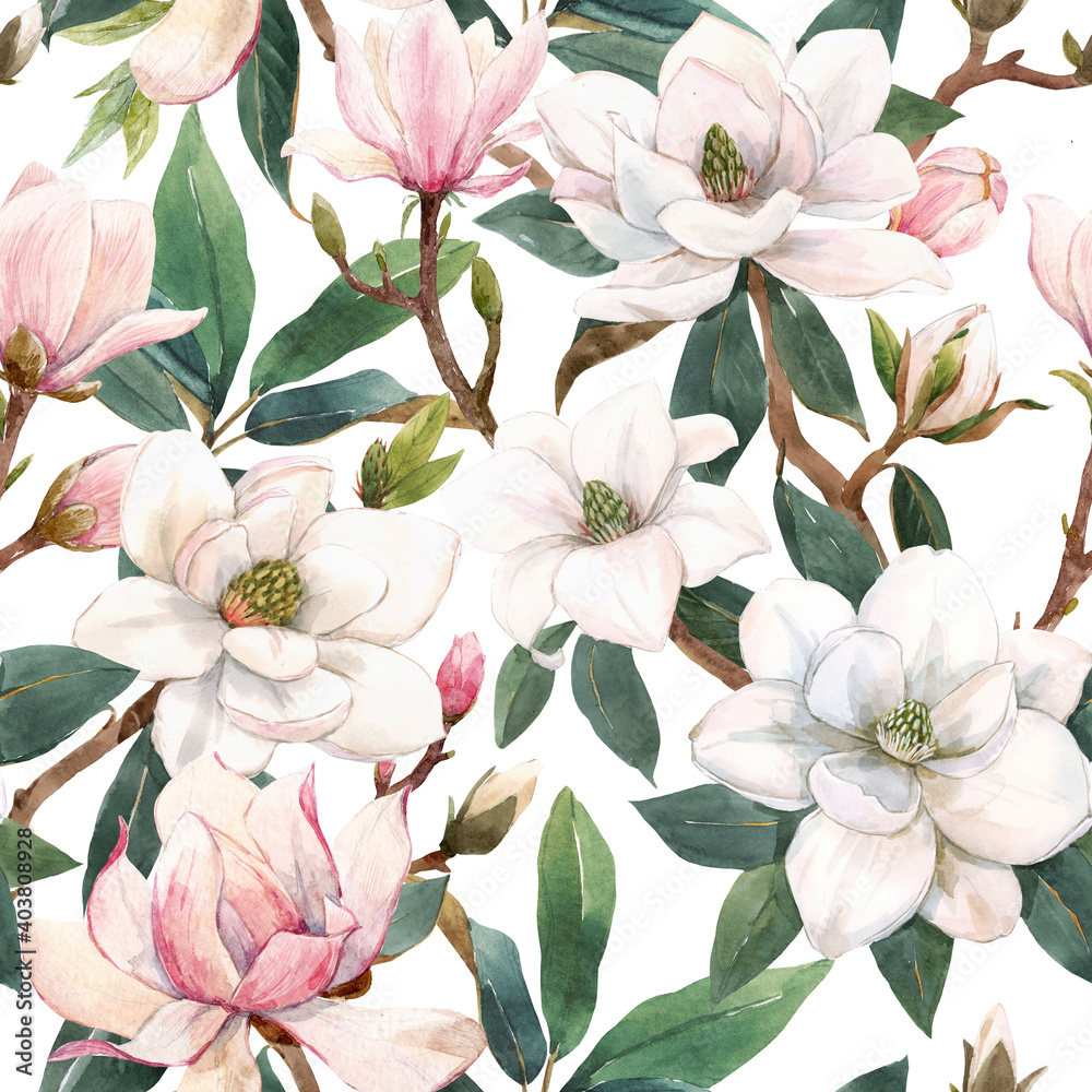 Beautiful seamless pattern with hand drawn watercolor gentle white and pink magnolia flowers. Stock illustration. - obrazy, fototapety, plakaty 