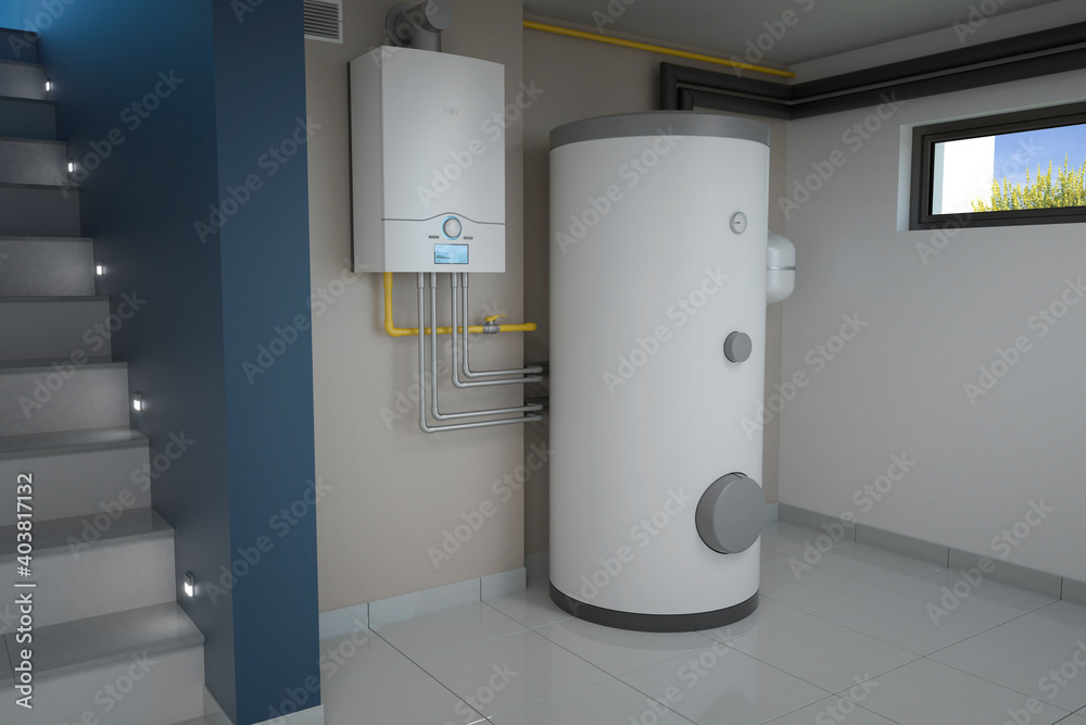 Boiler room - gas heating system, 3d illustration - obrazy, fototapety, plakaty 