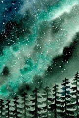 Wall Mural - Abstract Starry Green Night Sky With Pine Forest Watercolor Background