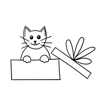 Cat In An Open Box. Simple Decorative Design Element. The Outline Illustration Is Hand-drawn, Isolated On A White Background. Black White Vector