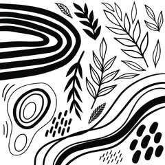 Aufkleber - Hand drawn graphic decorative elements. Bullet journal web visual infographic sketch lines shapes dots points leaves rainbow monochrome isolated vector object set.